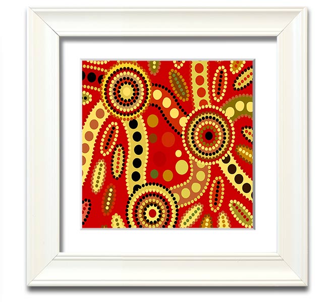 Aboriginal Red Tribal Square Framed Print showcasing vibrant red tribal designs in a stylish frame.